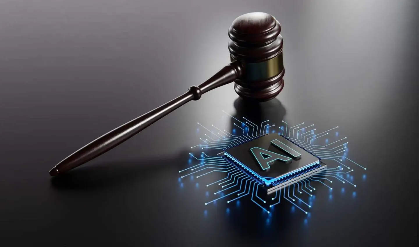 A judge's wooden gavel beside a glowing blue computer chip marked AI.