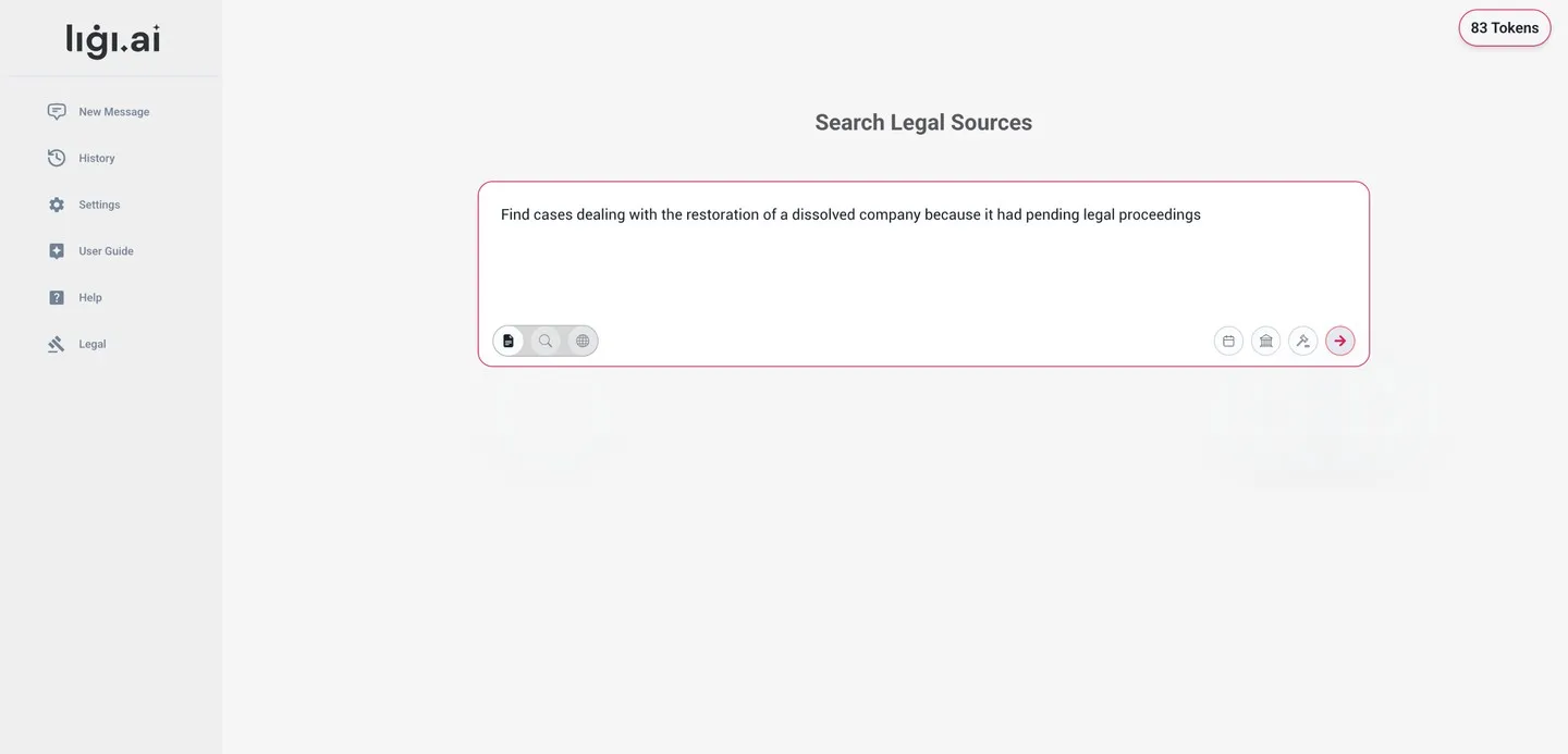 The ligi.ai search screen, with a question about restoring a dissolved company typed into the Search Legal Sources box.
