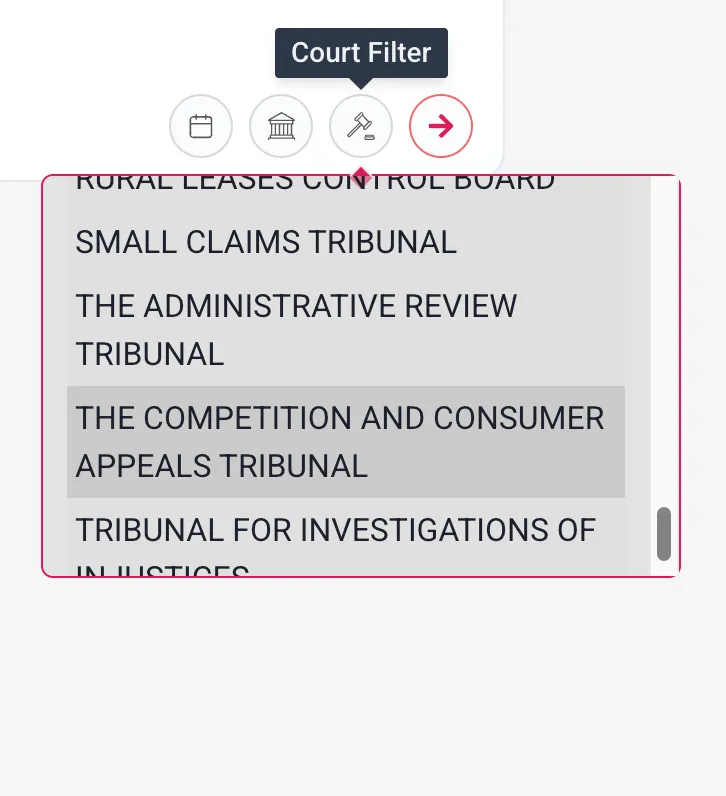 The Court Filter open in ligi.ai, showing a list of courts and tribunals to choose from.